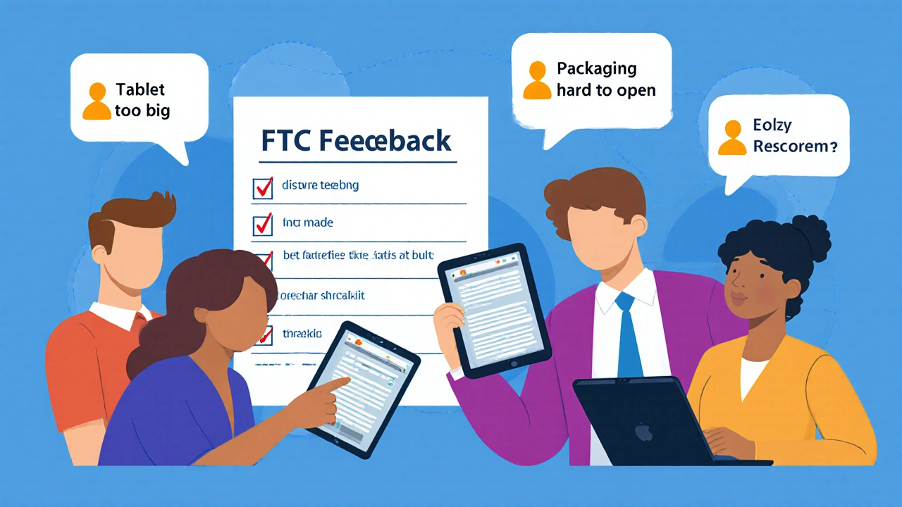 Diverse individuals giving honest feedback about medication samples on tablets with disclosure rules visible.