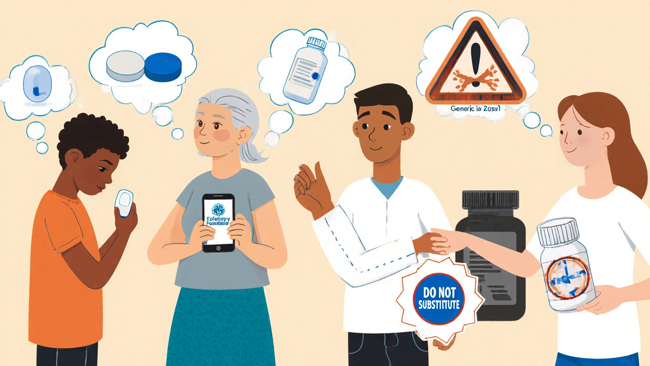 Diverse patients holding different-shaped pills, with thought bubbles showing seizure symptoms and a warning sticker.