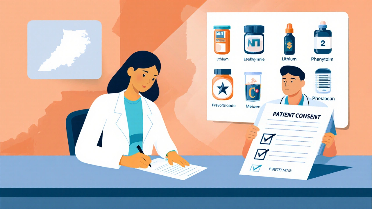 Doctor and patient signing consent form for NTI drug substitution, with a list of restricted medications on the wall.