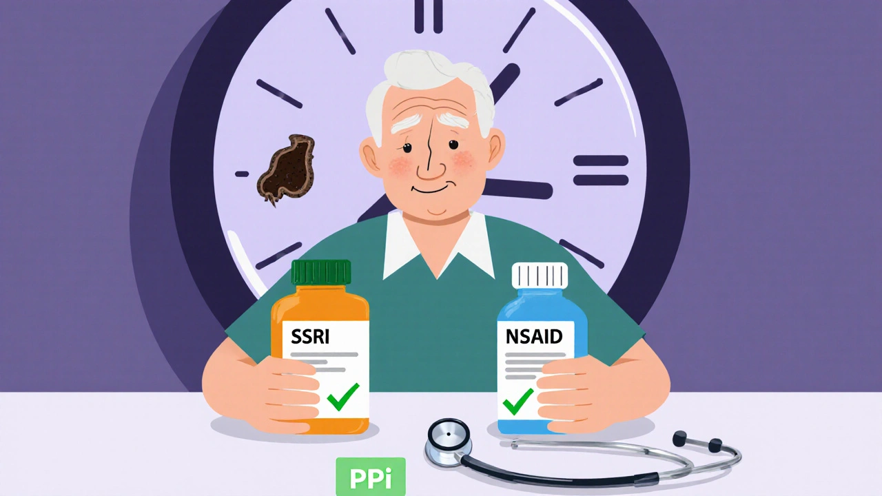 Elderly person holding medication bottles with a warning clock casting shadows of GI bleeding symptoms.