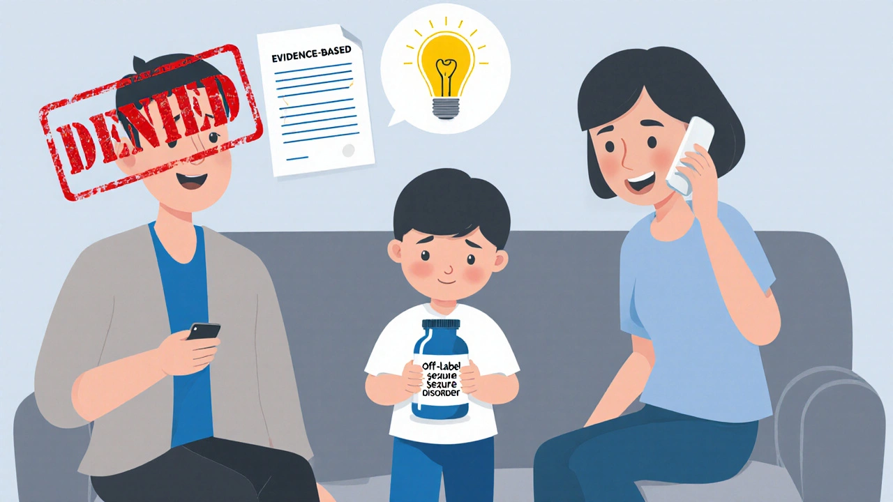 Family with child&#039;s off-label medication, insurance denial stamp, but evidence-based lightbulb above.