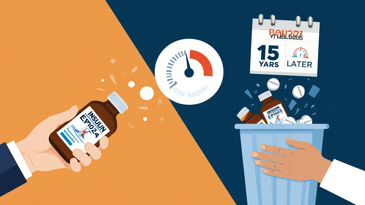 Hand hesitating to discard medication, with a thought bubble showing extended shelf life and donation to someone in need.