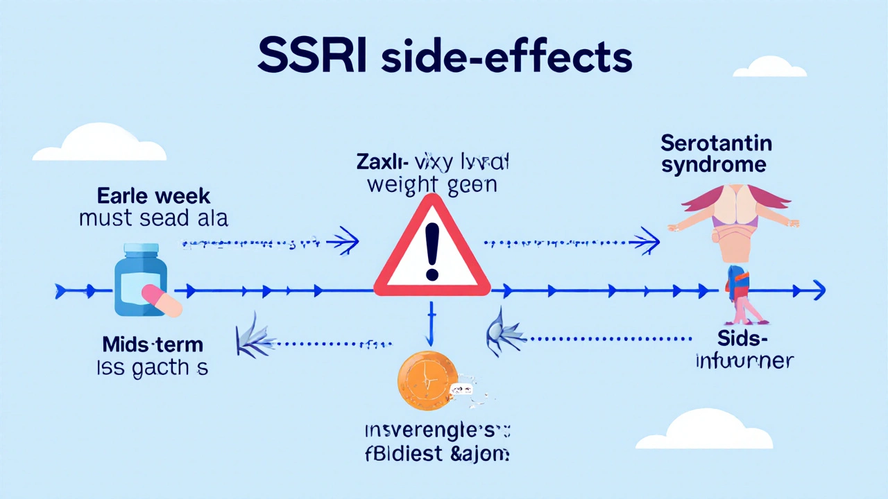 Medical timeline chart comparing SSRI side effects and risk levels of different medications