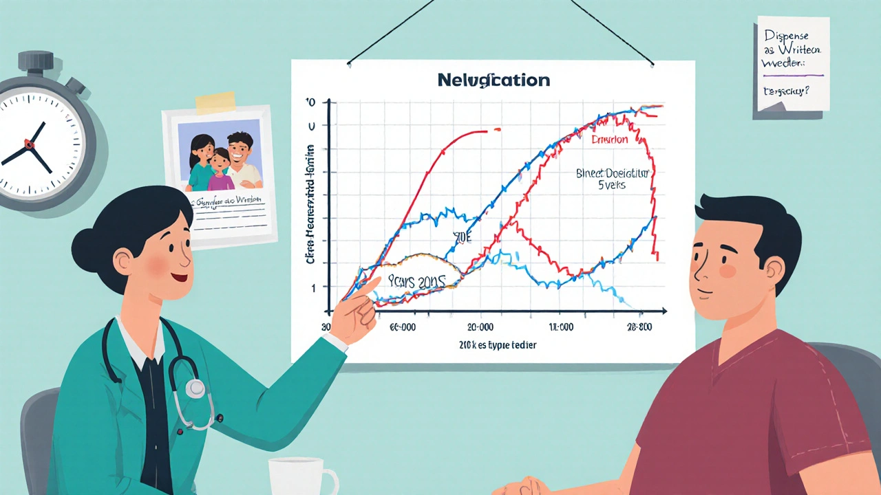Neurologist showing a blood level chart to a patient, with a prescription that says &#039;Dispense as Written&#039;.