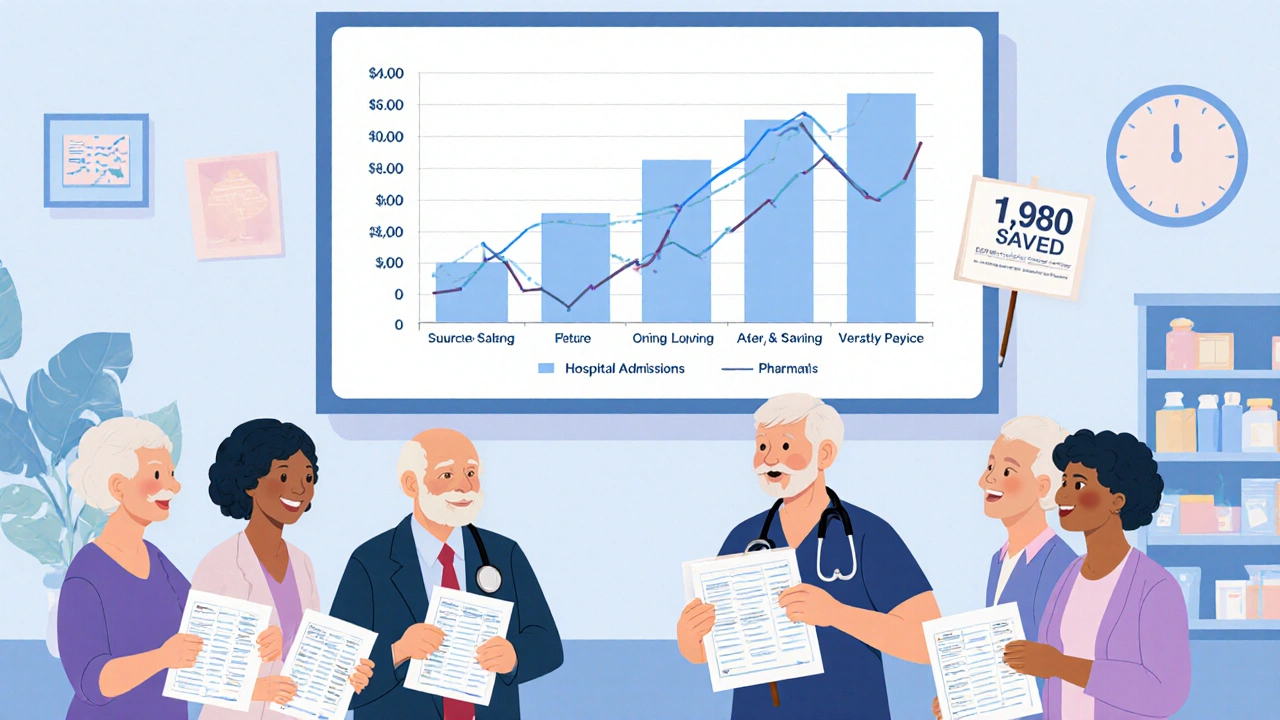 Older adults meeting with a pharmacist to review medications in a community center.