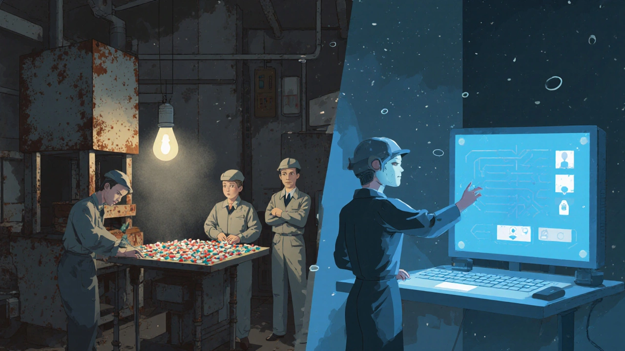 Outdated pill press machine next to a modern AI scanner in a dim factory.