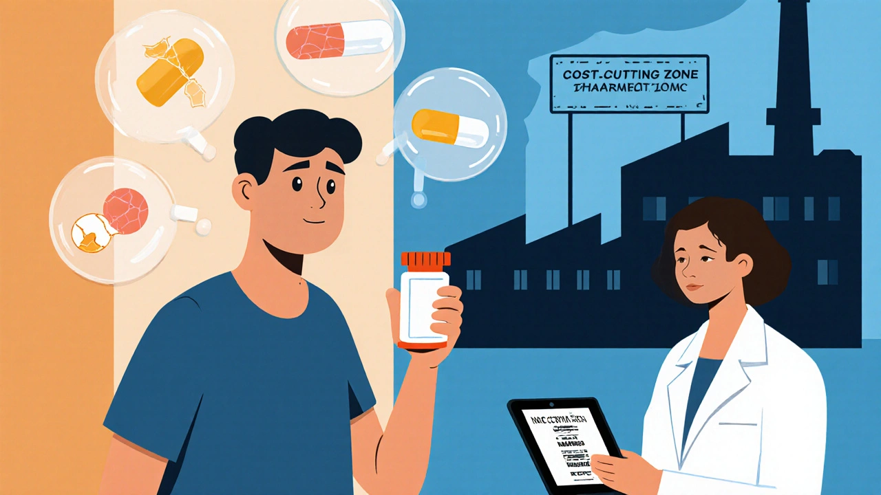 Patient holding pill bottle while floating defective pills appear above, pharmacist checking code.