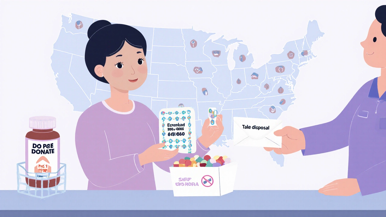 Patient receiving a small 14-day medication pack at a pharmacy counter, with a safe disposal envelope nearby.