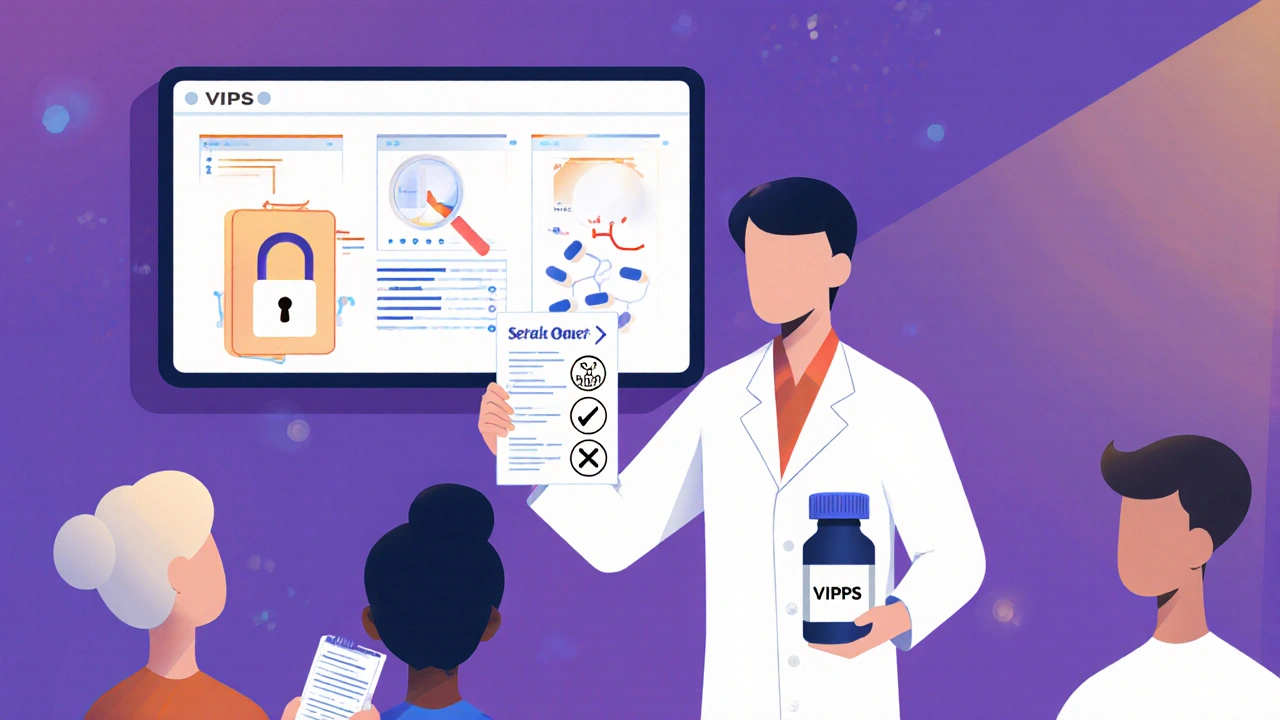 Pharmacist educating patients about spotting fake drugs using a simple illustrated handout.