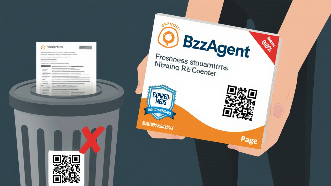 Someone holding a free medication sample box with a freshness guarantee and QR code, beside expired meds bin.