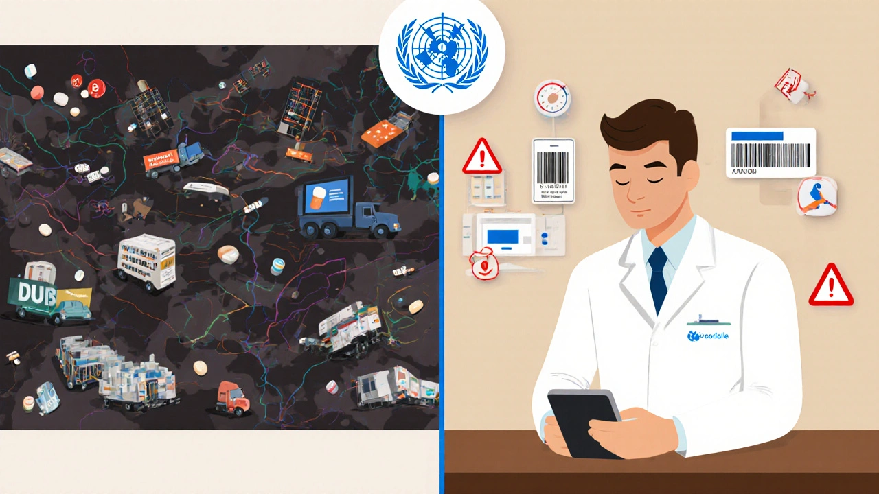 Split illustration: chaotic counterfeit supply chain vs. pharmacist using official training tools.