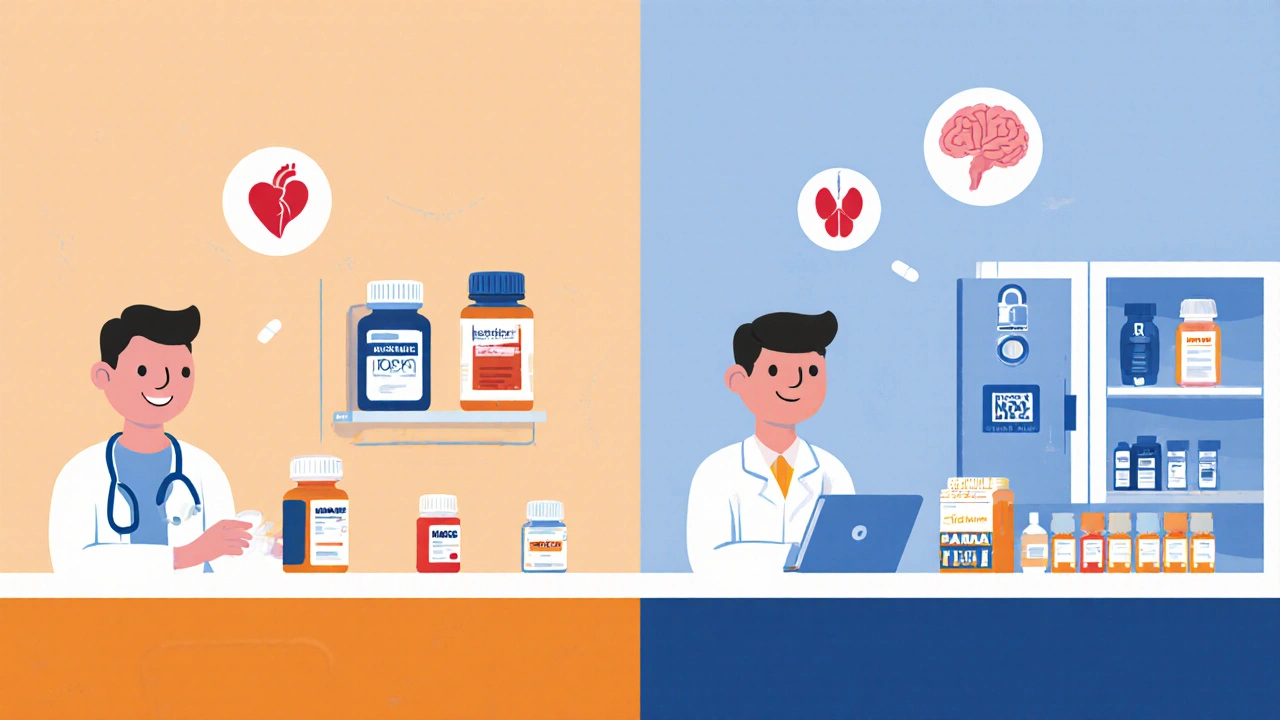 Split scene: patient in Texas gets changing generics vs. patient in Kentucky gets same brand every time.