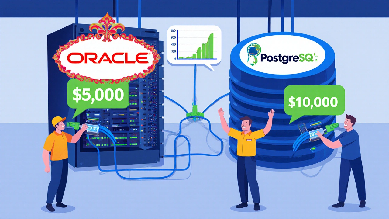 Sysadmins switching from an expensive database to an open-source alternative, with a price drop graph floating nearby.