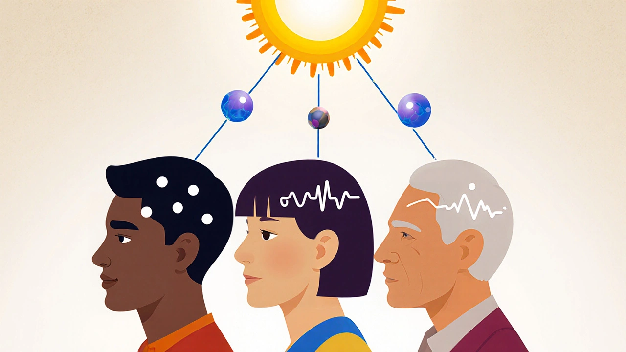 Three people with personalized recovery paths emerging from their heads, converging into a bright sun.