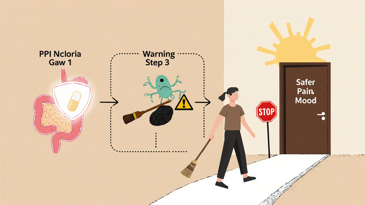 Three-step safety path showing PPI shield, H. pylori removal, and warning signs with a safe exit.
