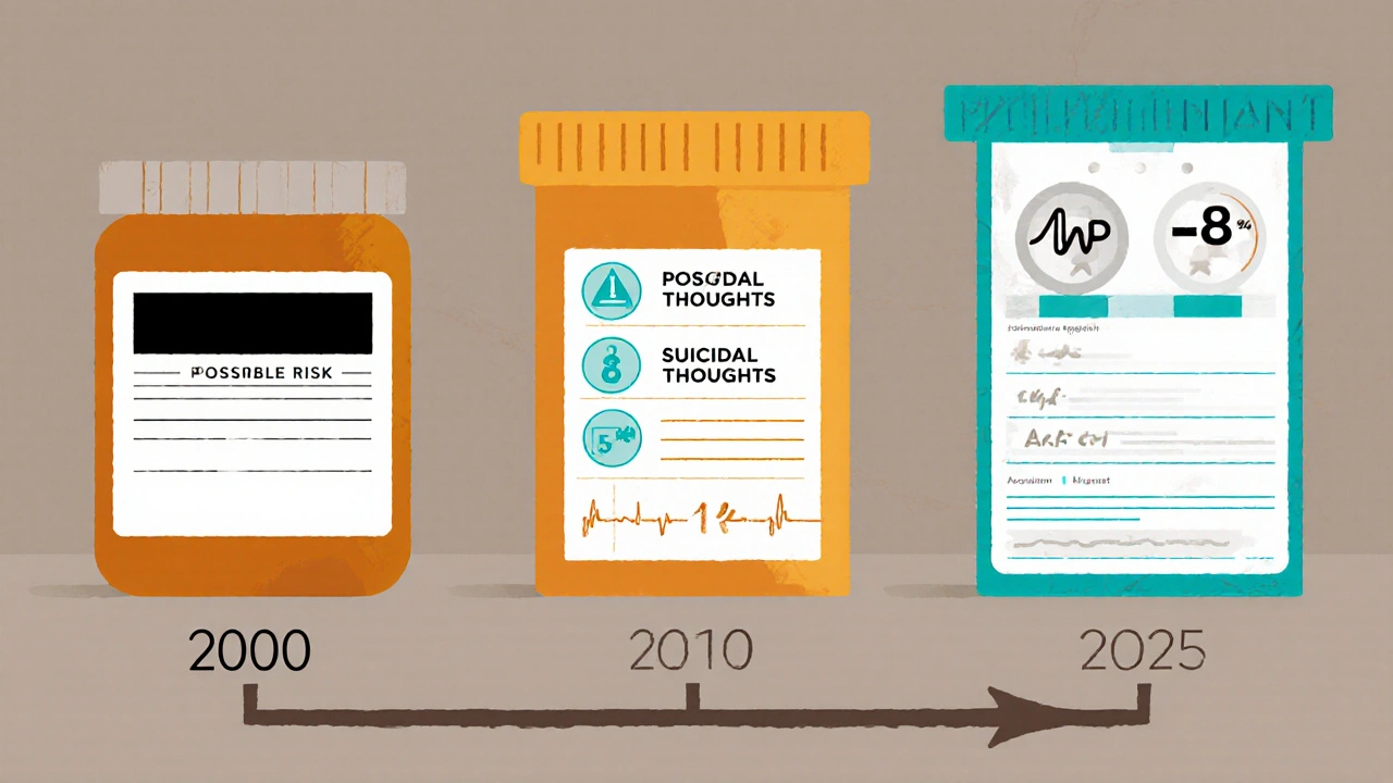 Timeline of evolving prescription labels showing increasing detail in black box warnings from 2000 to 2025.