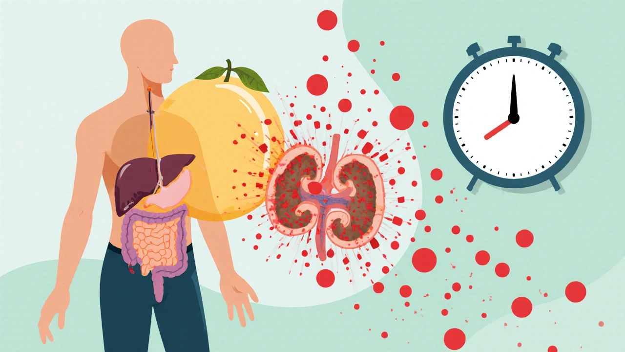 Transparent human torso showing grapefruit destroying liver enzymes and damaging muscles.