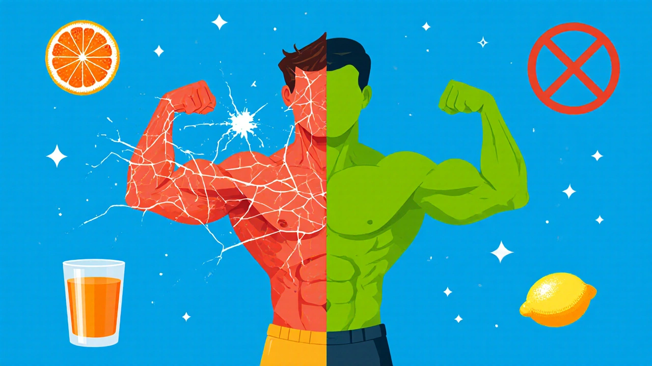 Two people: one at risk with grapefruit, one safe with orange juice, contrasting health outcomes.