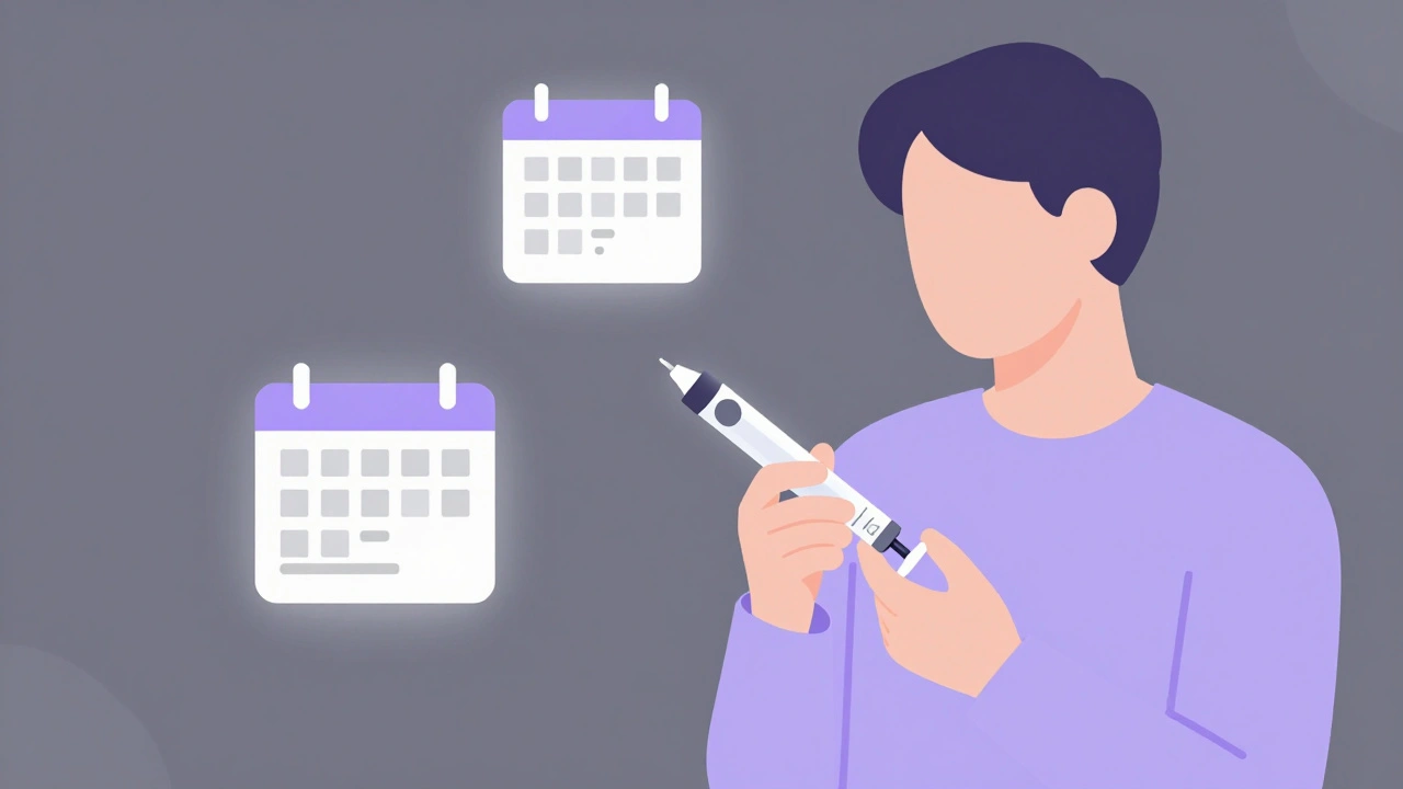 A person injecting inclisiran with a pen device, two annual calendar icons floating nearby.