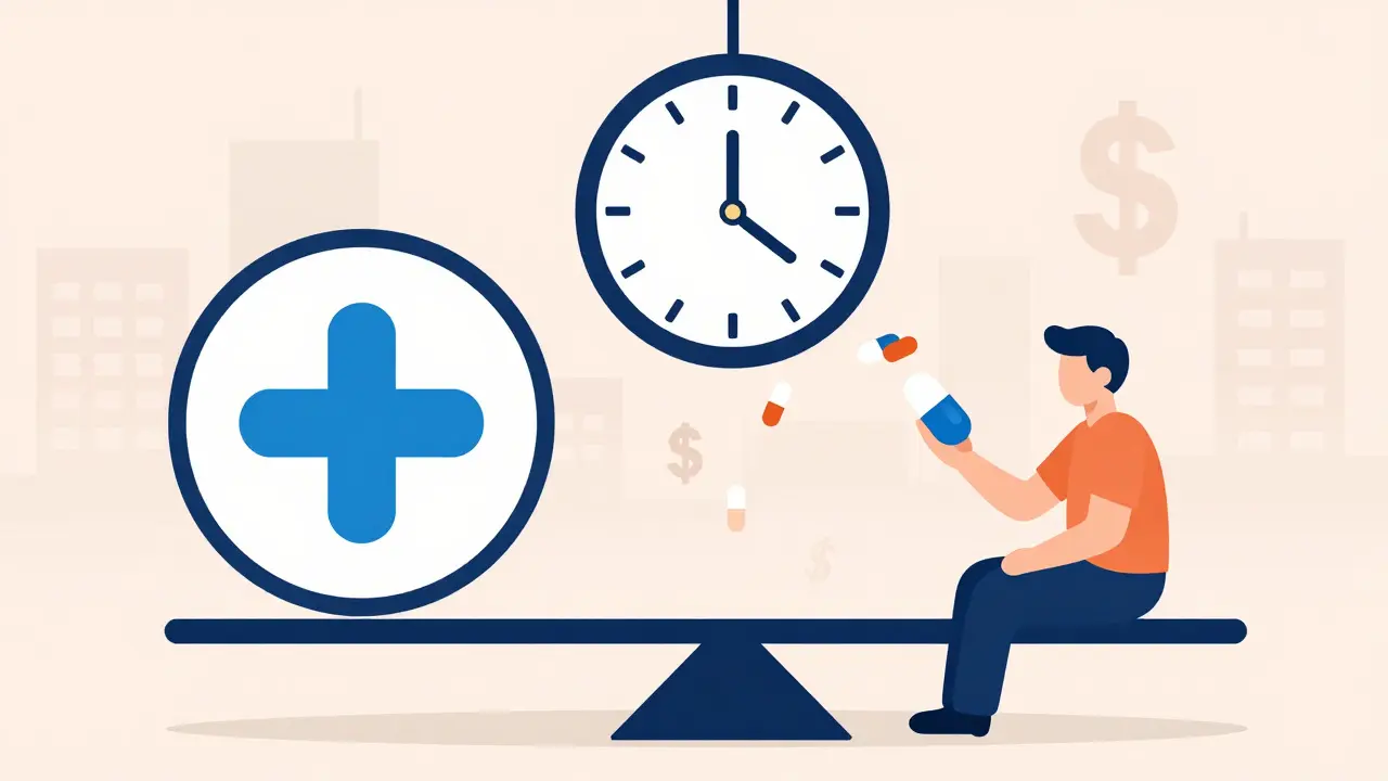 A scale tipped by pharmaceutical profits against a patient struggling with high drug costs, under a 12-year clock.