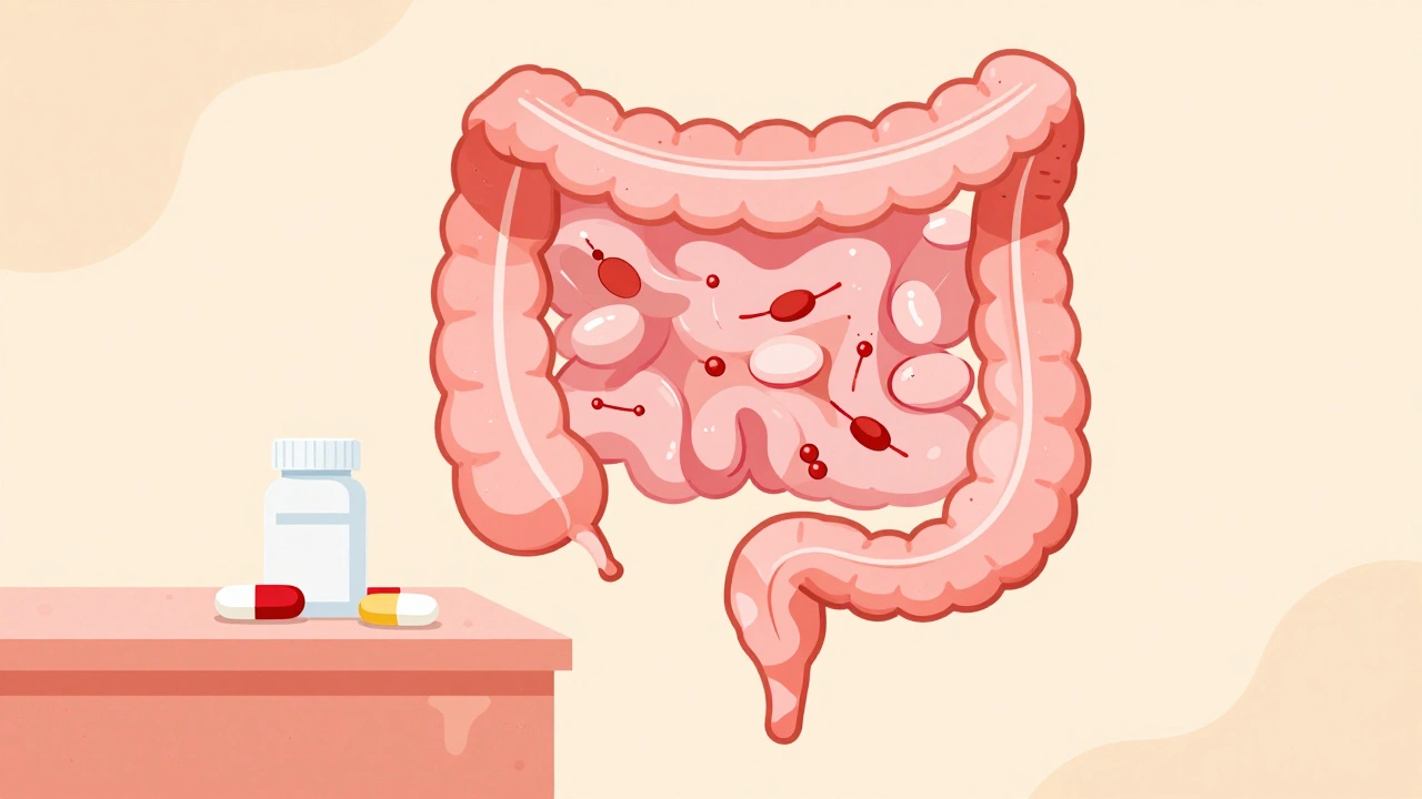 An intestine with a bouncer figure stopping cholesterol molecules, ezetimibe pill nearby.