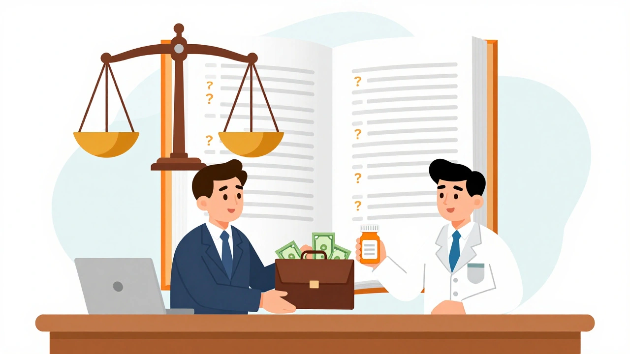 Branded drug executive paying generic company to delay market entry, with a patient holding an empty bottle.