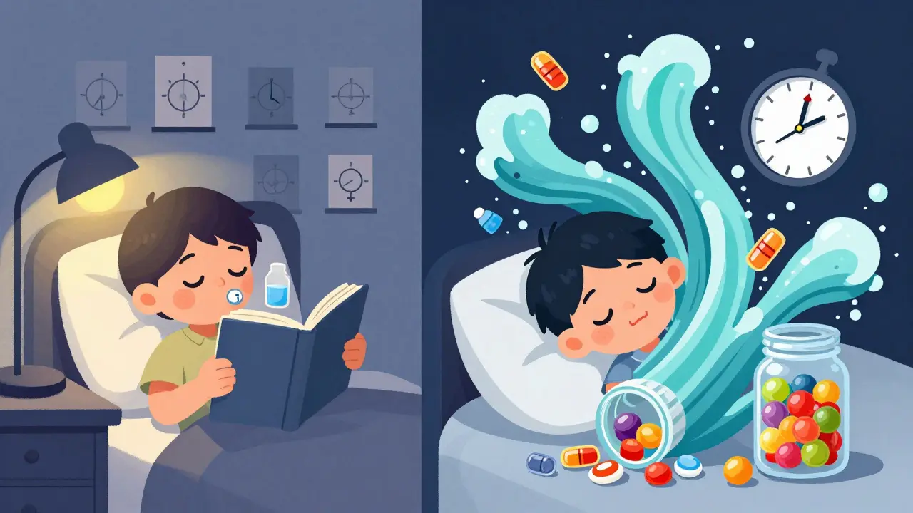 Child taking low-dose melatonin tablet while reading, compared to another child overdosing on colorful gummies.