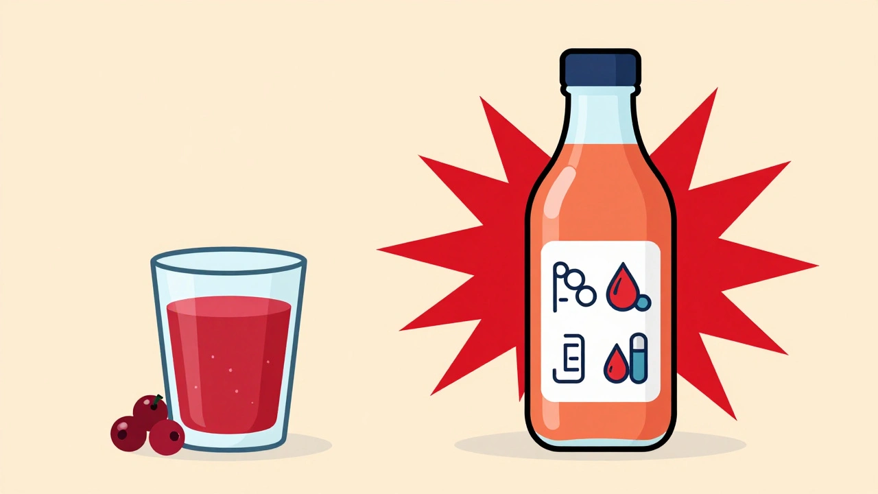 Cranberry juice compared to grapefruit juice, showing minimal vs. strong drug interaction risks.