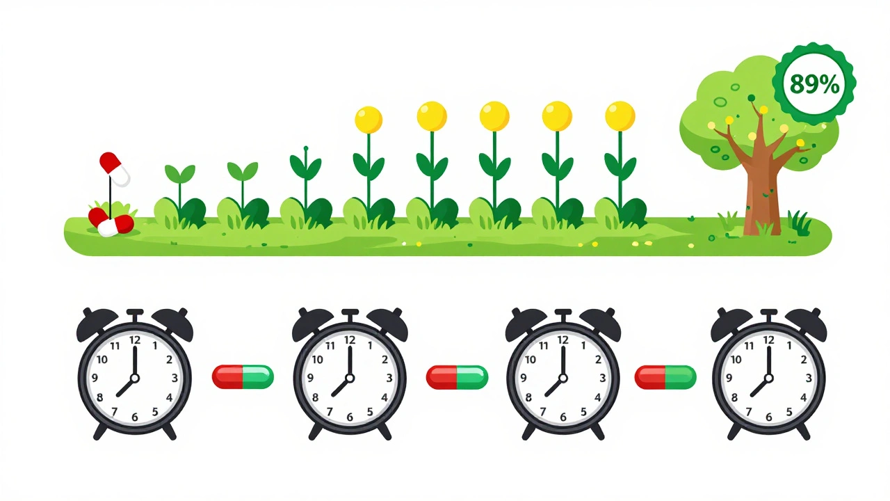 Daily schedule with spaced antibiotic and probiotic doses, leading to a recovering gut biome.