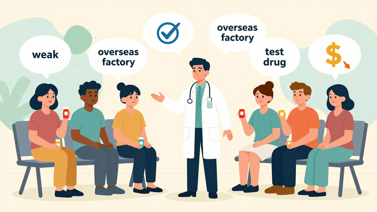 Diverse patients&#039; misconceptions about generics are replaced by clear symbols of safety and savings.