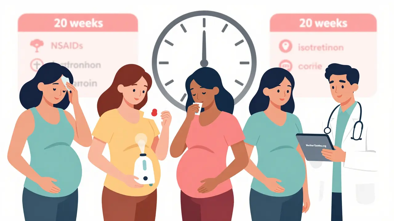 Diverse pregnant women holding safe alternatives, clock showing 20 weeks with fading warning