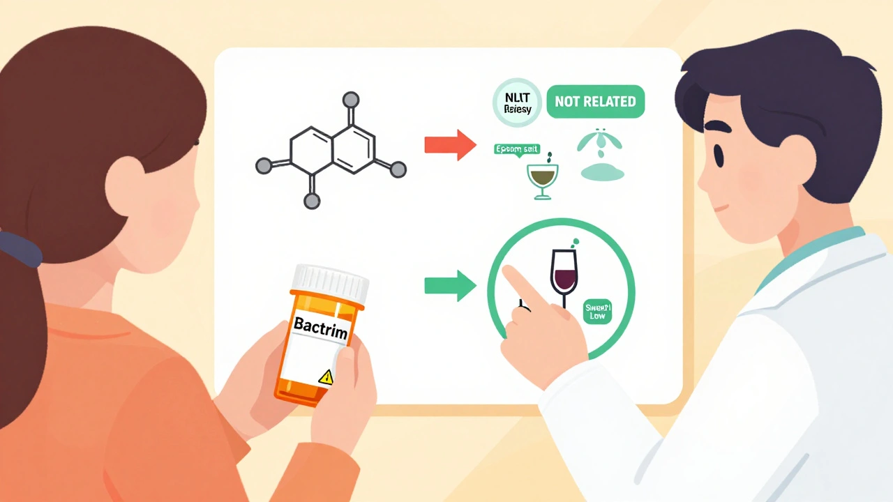 Doctor explaining chemical differences between sulfa drug types using a visual diagram, with unrelated substances like wine and Epsom salt labeled clearly.