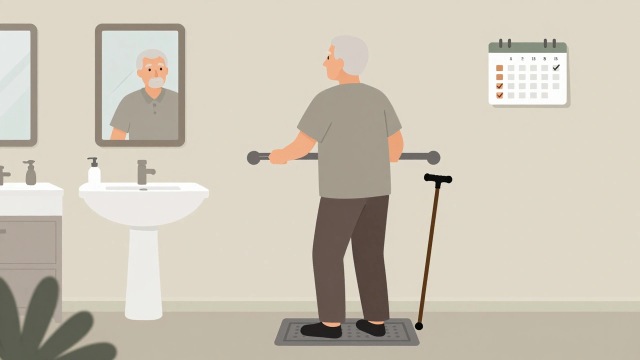 Elderly person safely standing in bathroom with grab bar and balance exercises