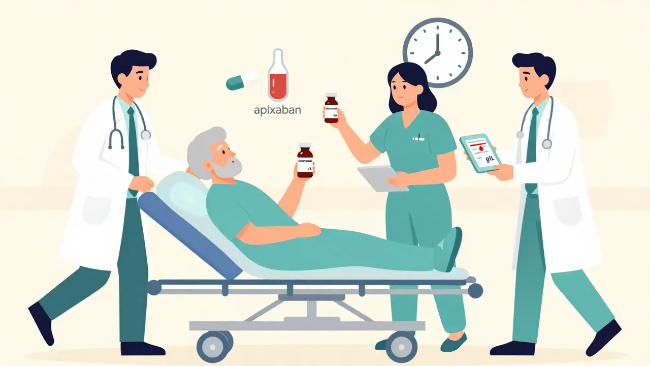 Emergency room staff treating elderly patient with blood thinner antidote vial and dropping hemoglobin reading.