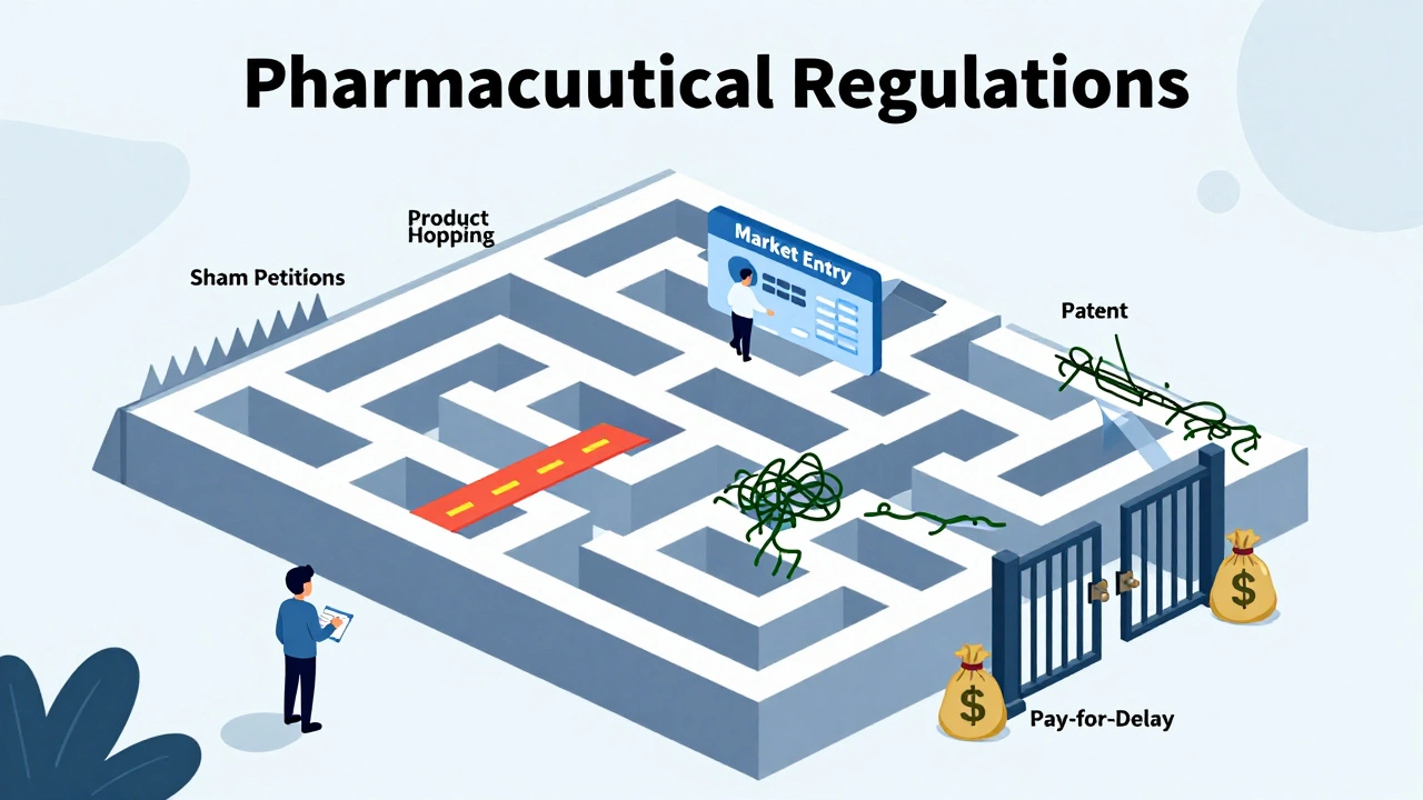 Generic drug company navigating regulatory obstacles in a maze labeled pharmaceutical regulations.