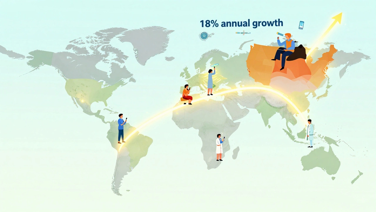 Global map showing insulin biosimilar adoption with rising growth arrow and connected insulin pen icons.