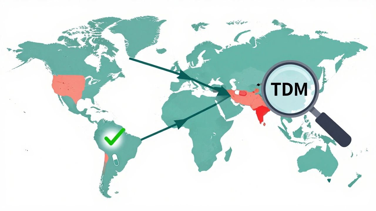 Global map showing TDM access disparities between regions, with one pill glowing green and another flickering red.