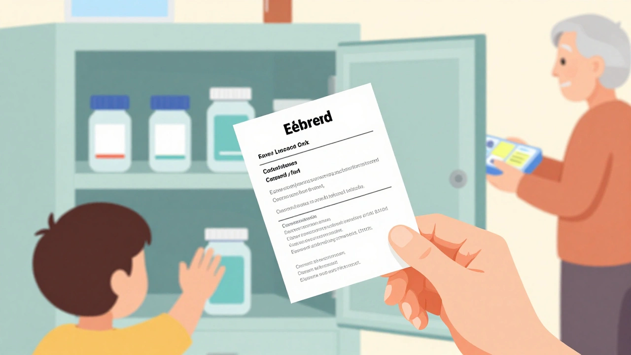 Locked medicine cabinet with labeled bottles and emergency card in hand, family members nearby.