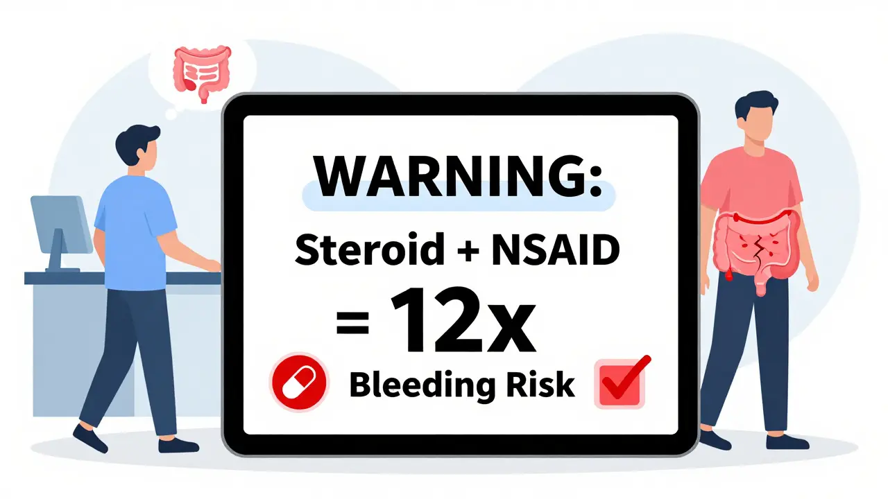 Medical alert warning about 12x bleeding risk with PPI and acetaminophen options.