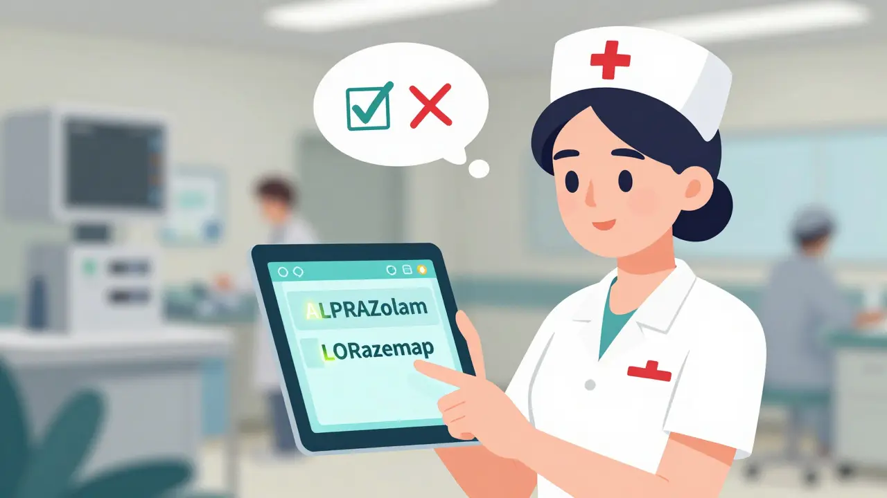 Nurse viewing drug names on a tablet, with capitalized letters ALPRAZ and LOR highlighted for clarity.