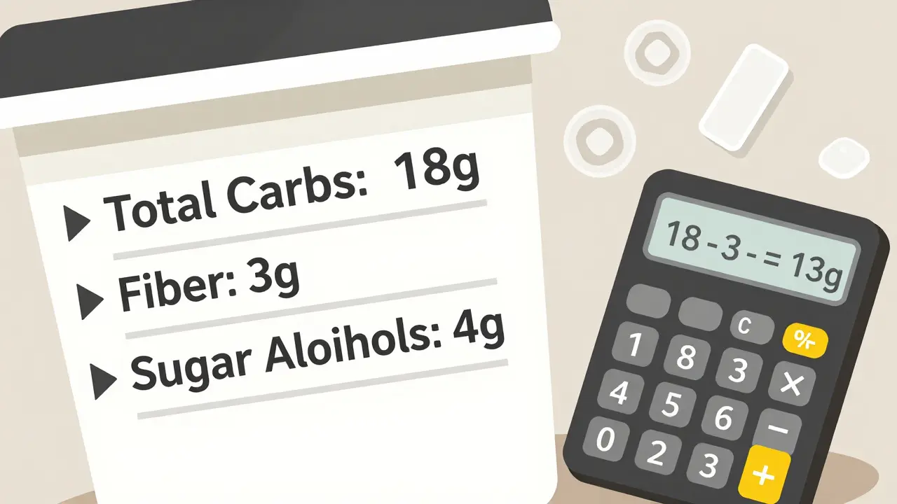 Nutrition label with carb, fiber, and sugar alcohol calculations shown