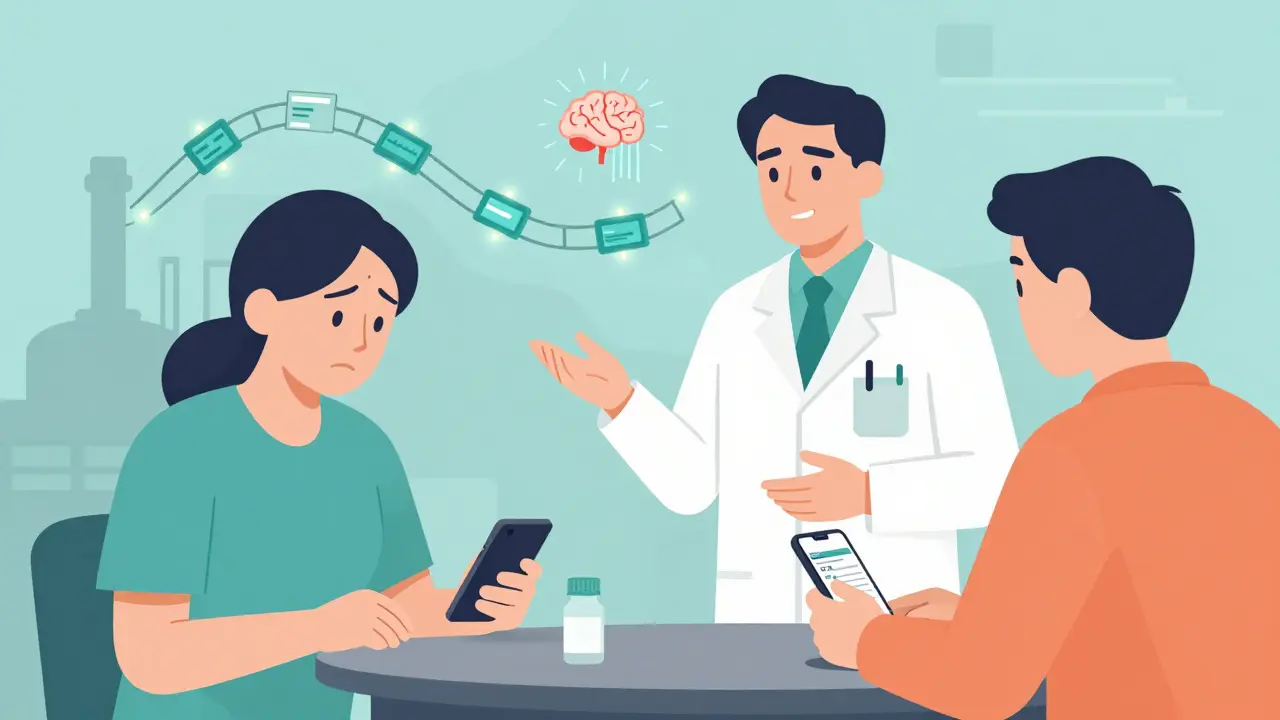 Patient checking recall info on phone while pharmacist explains, with blockchain tracking.