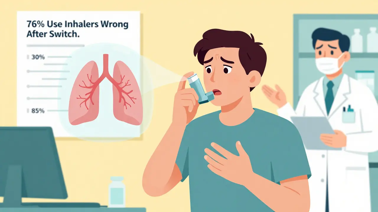 Patient using a new inhaler incorrectly in a pharmacy, with a graphic showing poor medication delivery to the lungs.