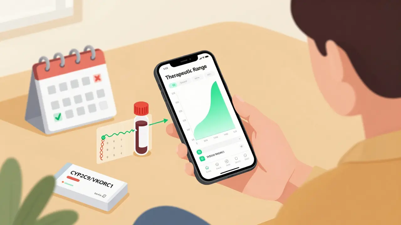 Patient using app to track NTI drug levels with genetic markers and lab data displayed.