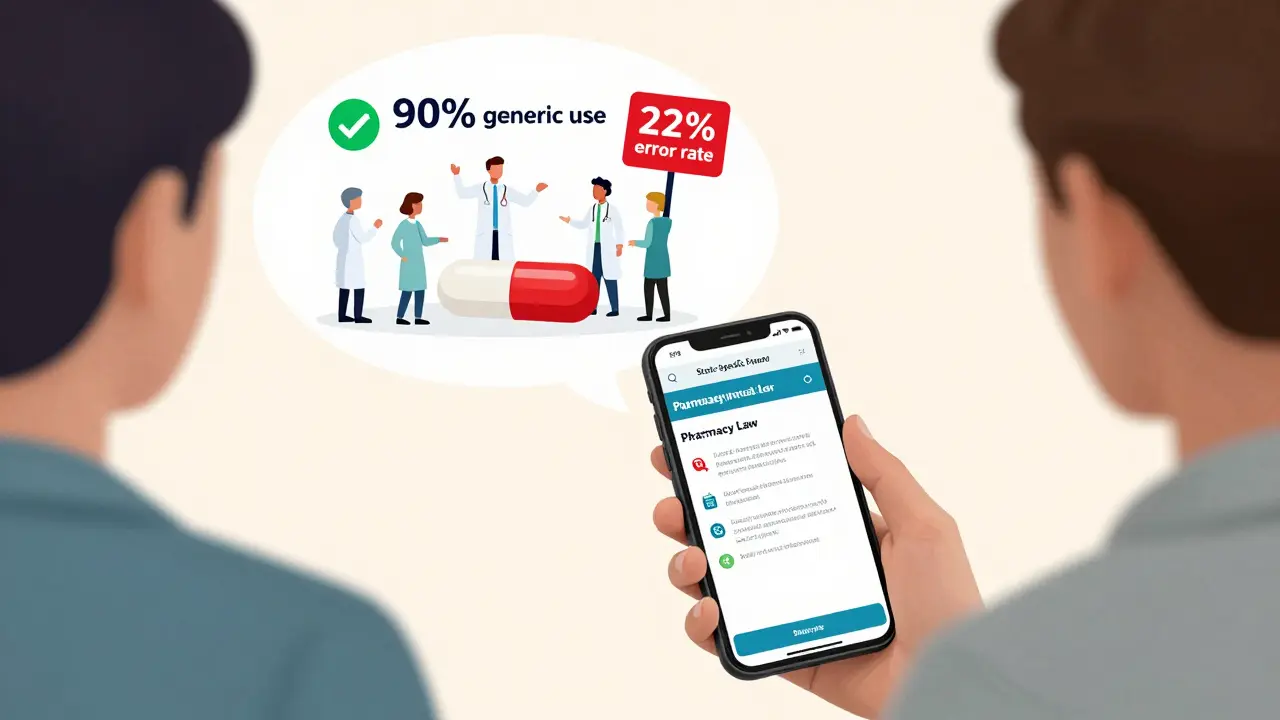 Patient viewing state pharmacy laws on a phone, with a thought bubble showing conflict among healthcare stakeholders over drug substitution.