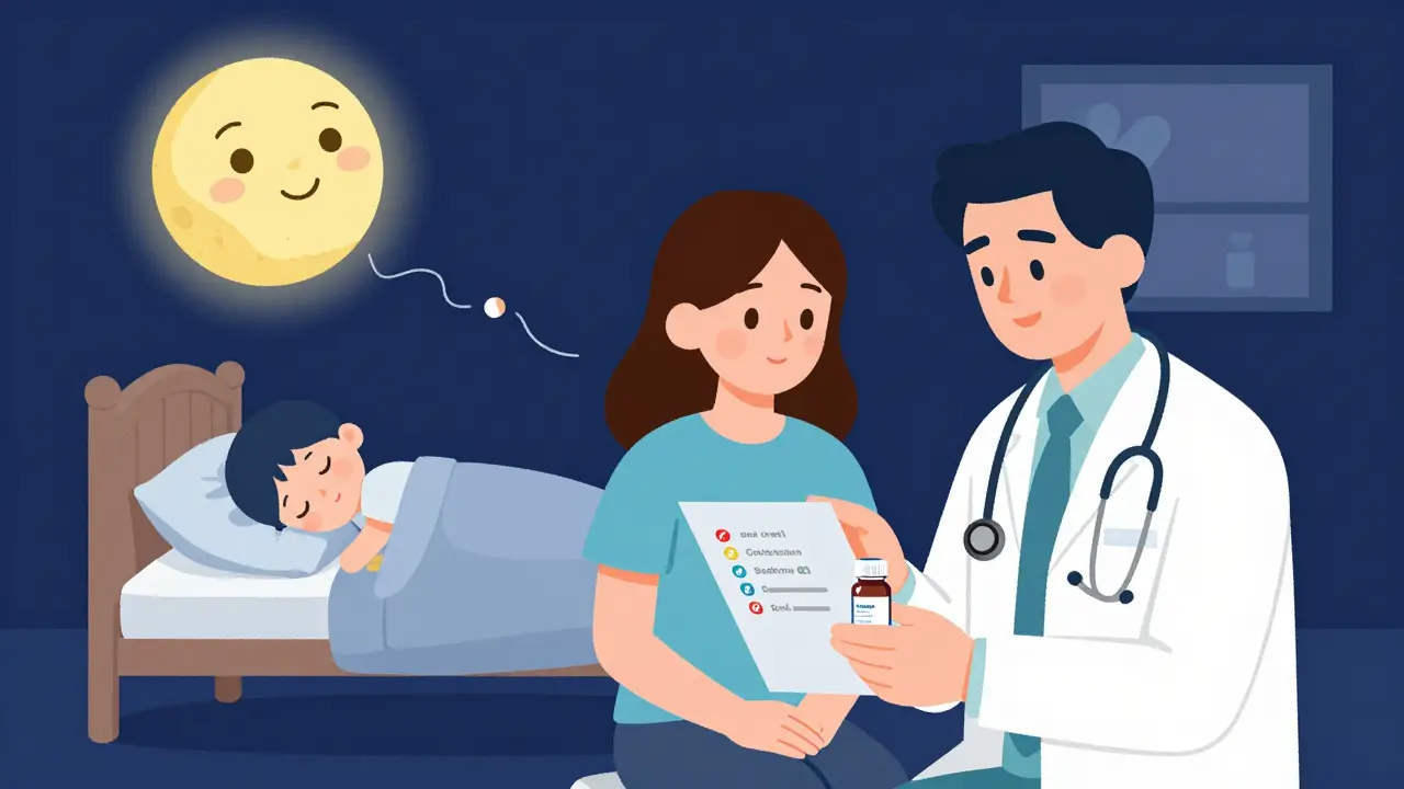 Pediatrician explaining sleep hygiene to parent and child, with USP-labeled melatonin and bedtime tips visible.