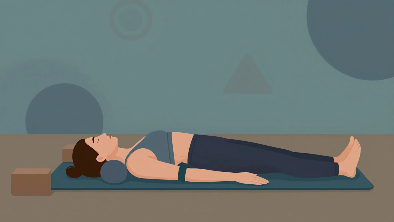 Person in a supported yoga bridge pose using props on a mat, surrounded by calming colors.