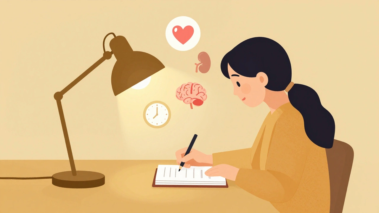 Person journaling with icons representing health factors like mood and hydration