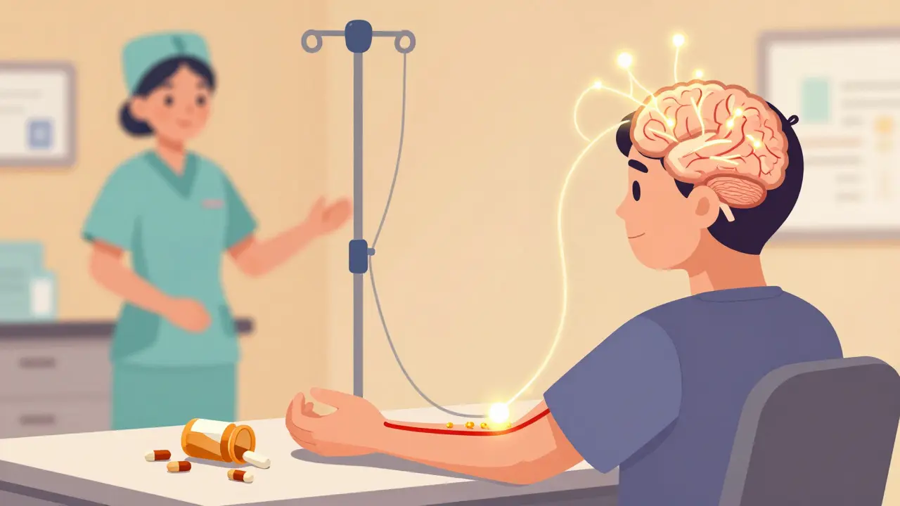 Person receiving IV iron infusion with iron particles traveling to brain, dopamine pills discarded.