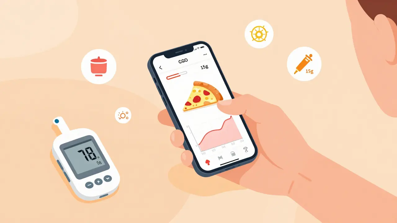 Person scanning food with app and CGM showing blood sugar response